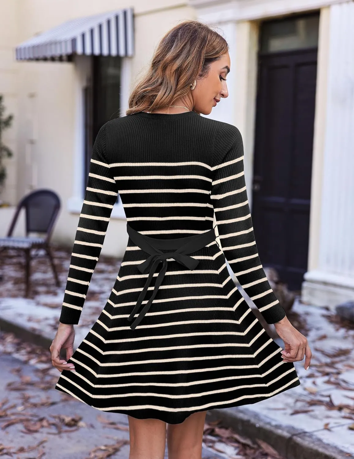HOTOUCH Women's Fall Winter Casual Dress Crewneck Long Sleeve A-Line Sweater Dress Bodycon Ribbed Knit Dress with Belt