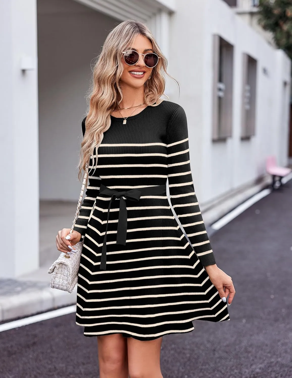 HOTOUCH Women's Fall Winter Casual Dress Crewneck Long Sleeve A-Line Sweater Dress Bodycon Ribbed Knit Dress with Belt