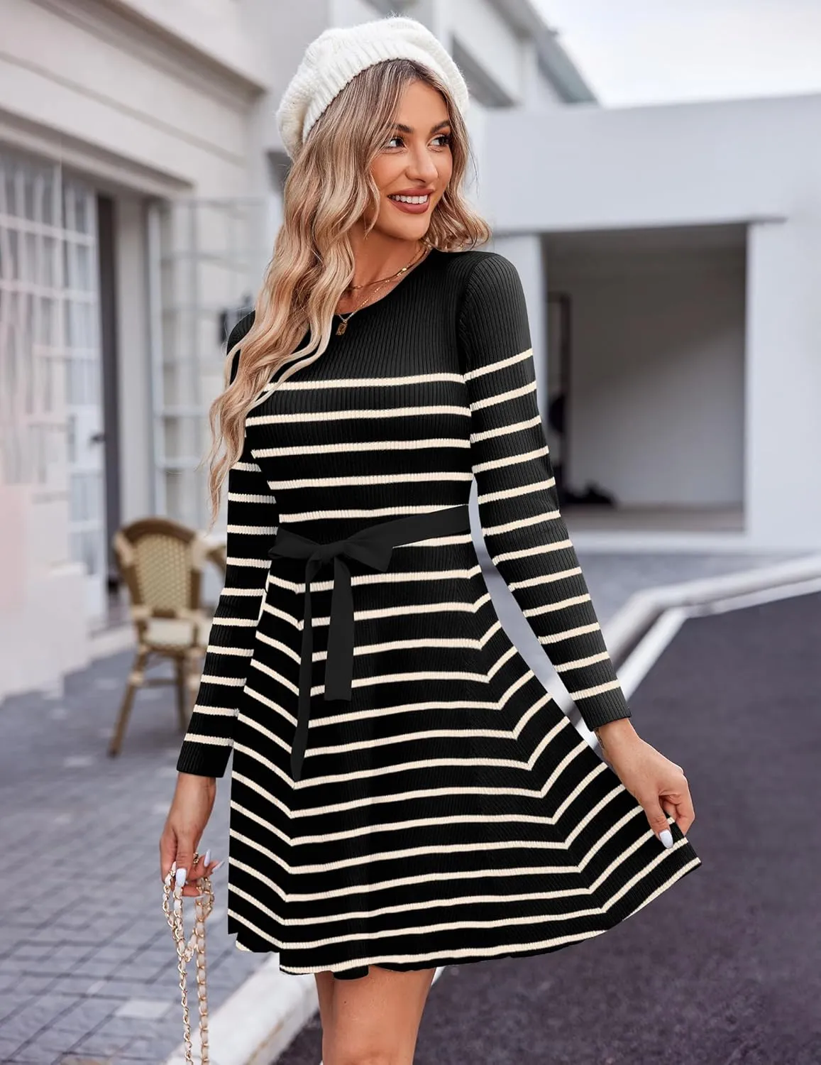 HOTOUCH Women's Fall Winter Casual Dress Crewneck Long Sleeve A-Line Sweater Dress Bodycon Ribbed Knit Dress with Belt