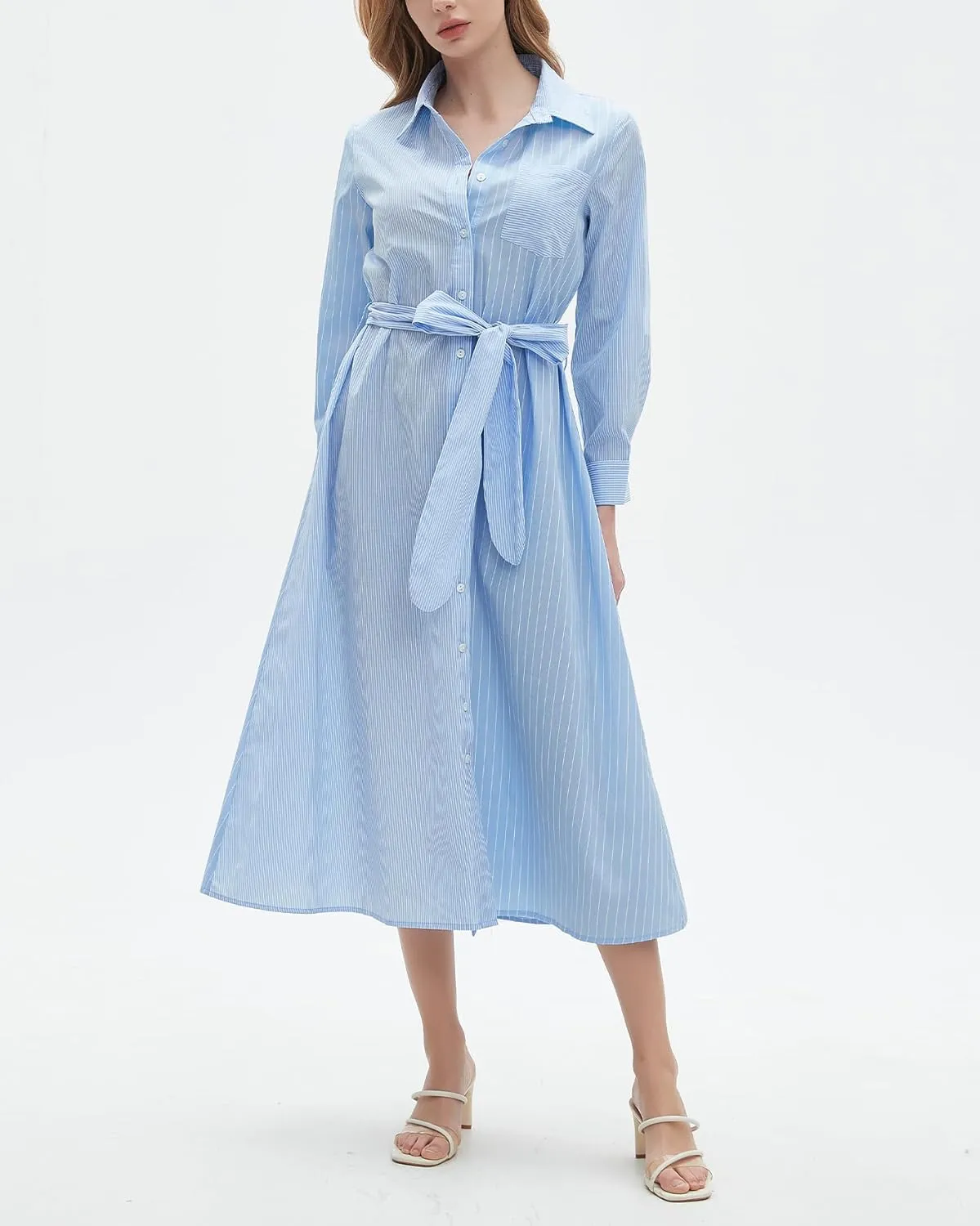 Kedera Women's Casual Long Sleeve Dress Button Down Striped Maxi Shirt Dress Side Split Loose Fit Blouse Dress
