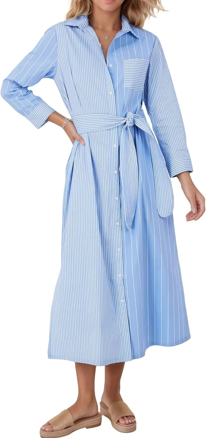 Kedera Women's Casual Long Sleeve Dress Button Down Striped Maxi Shirt Dress Side Split Loose Fit Blouse Dress