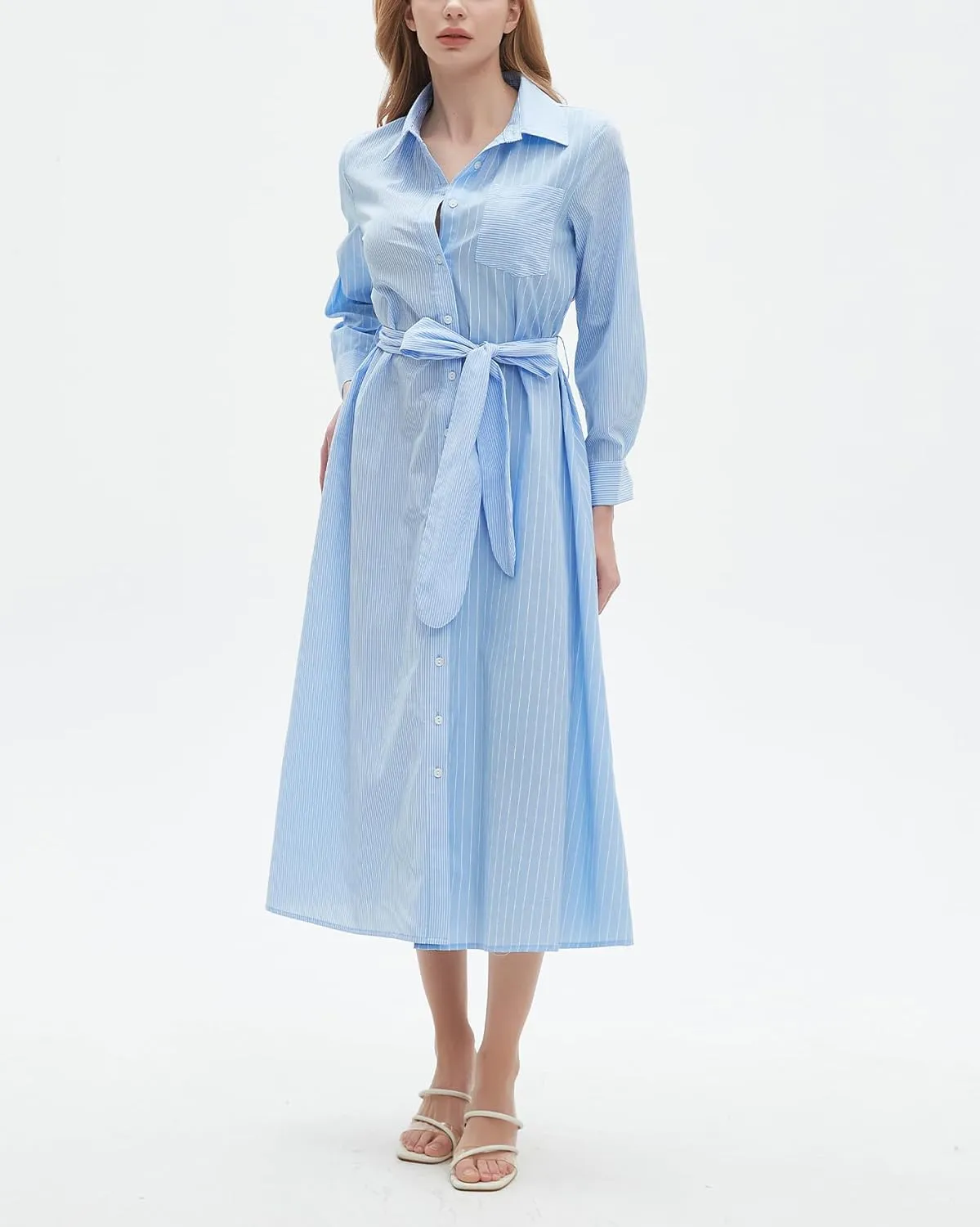 Kedera Women's Casual Long Sleeve Dress Button Down Striped Maxi Shirt Dress Side Split Loose Fit Blouse Dress