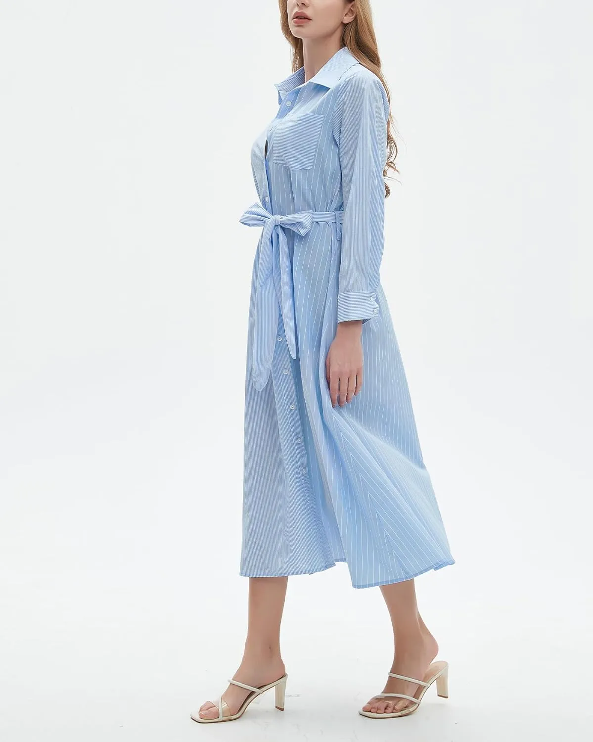 Kedera Women's Casual Long Sleeve Dress Button Down Striped Maxi Shirt Dress Side Split Loose Fit Blouse Dress