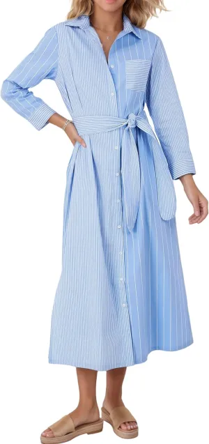 Kedera Women's Casual Long Sleeve Dress Button Down Striped Maxi Shirt Dress Side Split Loose Fit Blouse Dress