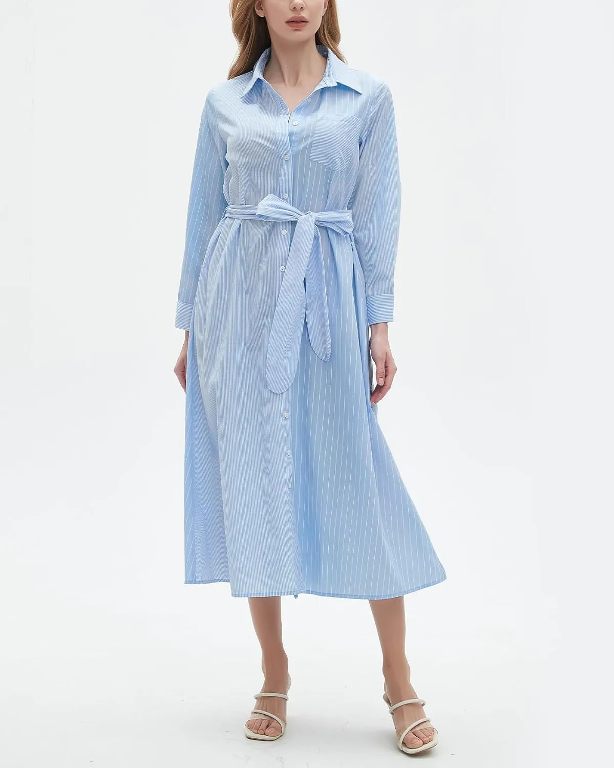 Kedera Women's Casual Long Sleeve Dress Button Down Striped Maxi Shirt Dress Side Split Loose Fit Blouse Dress