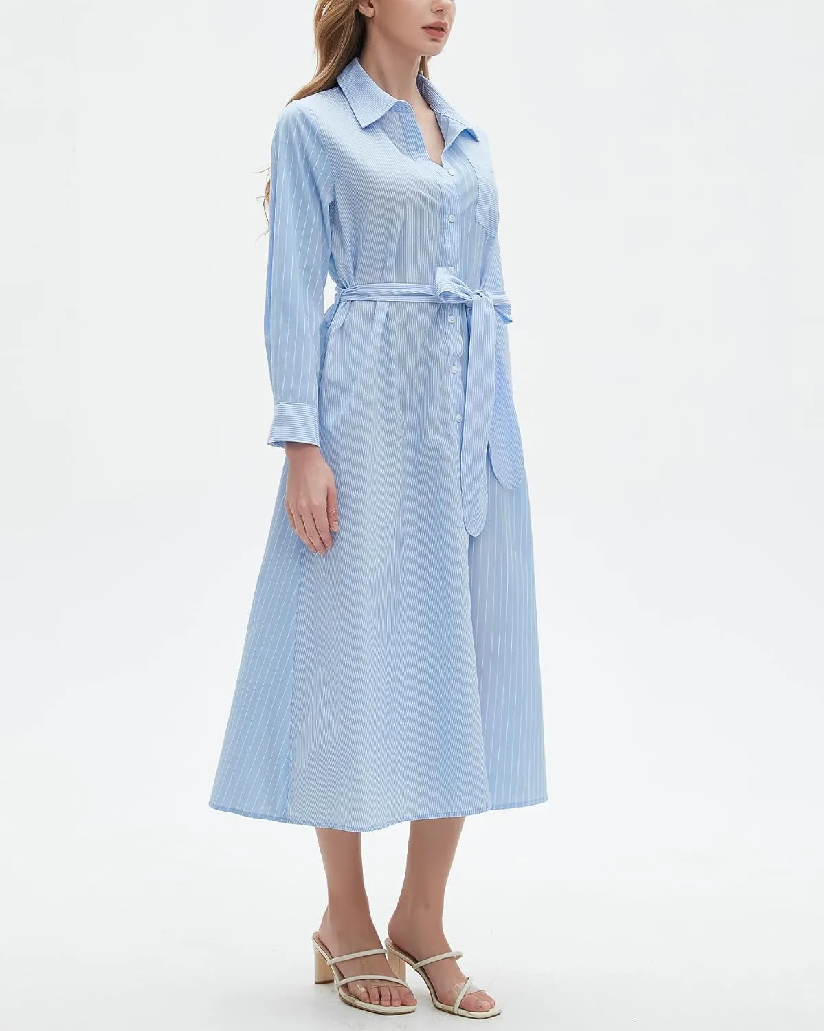 Kedera Women's Casual Long Sleeve Dress Button Down Striped Maxi Shirt Dress Side Split Loose Fit Blouse Dress