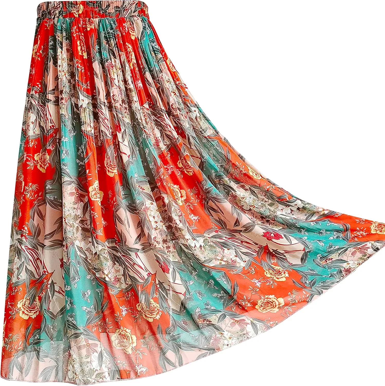Kingfancy Women's Pleated Skirt Chiffon Elastic Waist A-Line Midi Length Skirt