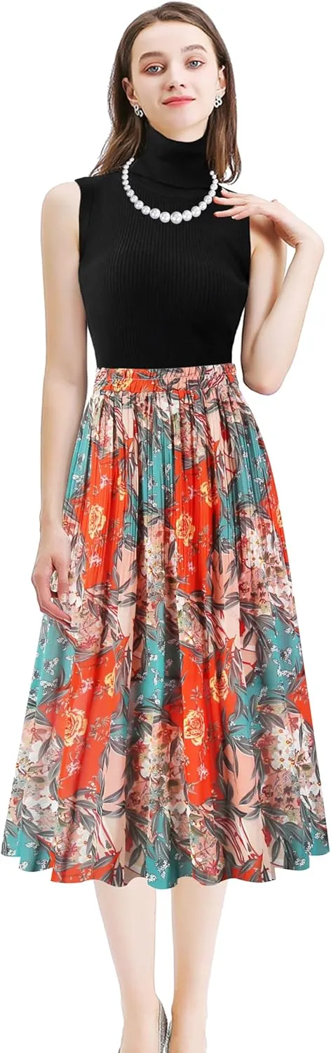 Kingfancy Women's Pleated Skirt Chiffon Elastic Waist A-Line Midi Length Skirt