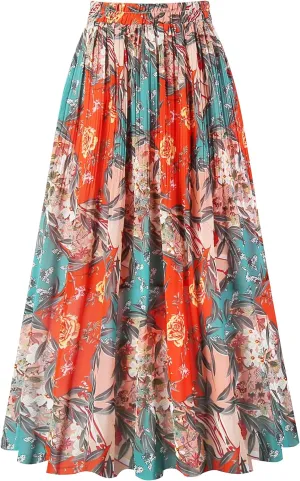 Kingfancy Women's Pleated Skirt Chiffon Elastic Waist A-Line Midi Length Skirt