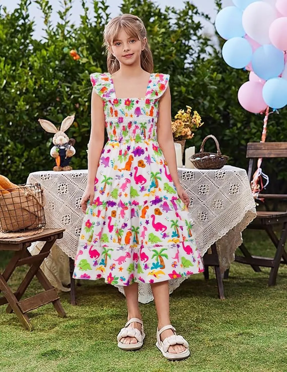 Little Girls Dresses Casual Summer Dress Ruffle Sleeve Floral Tiered Sundress Smocked Shirred Party Dress 3-10 Years