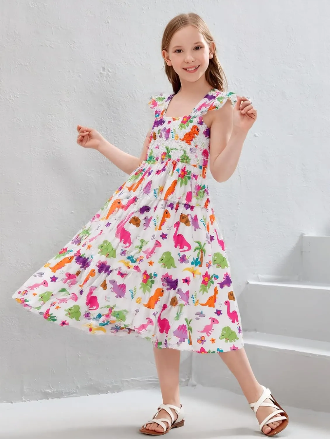 Little Girls Dresses Casual Summer Dress Ruffle Sleeve Floral Tiered Sundress Smocked Shirred Party Dress 3-10 Years