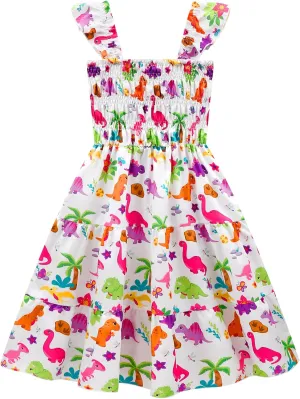 Little Girls Dresses Casual Summer Dress Ruffle Sleeve Floral Tiered Sundress Smocked Shirred Party Dress 3-10 Years