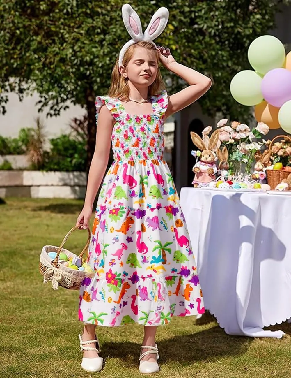 Little Girls Dresses Casual Summer Dress Ruffle Sleeve Floral Tiered Sundress Smocked Shirred Party Dress 3-10 Years