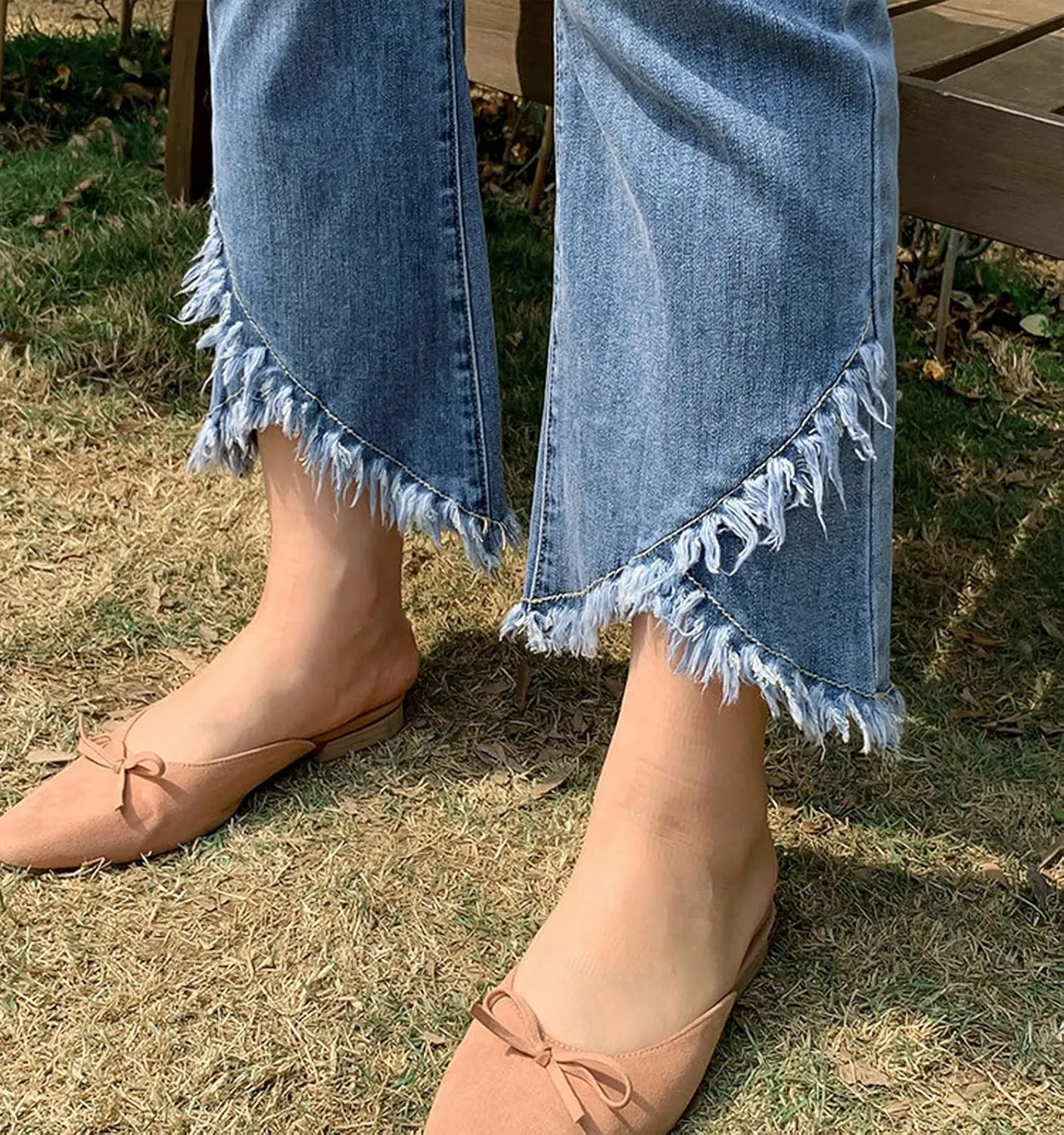 loveimgs Women Western Ripped Cropped Jeans Capris Denim Distressed Pants Stretch Crop Fringe Flare Jeans