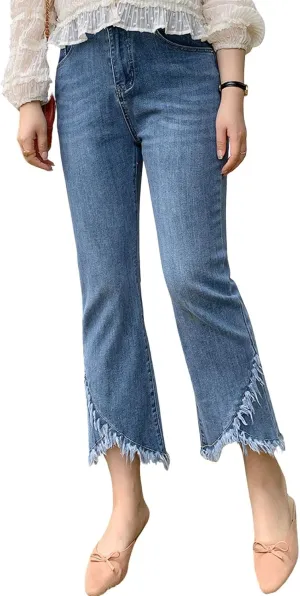 loveimgs Women Western Ripped Cropped Jeans Capris Denim Distressed Pants Stretch Crop Fringe Flare Jeans