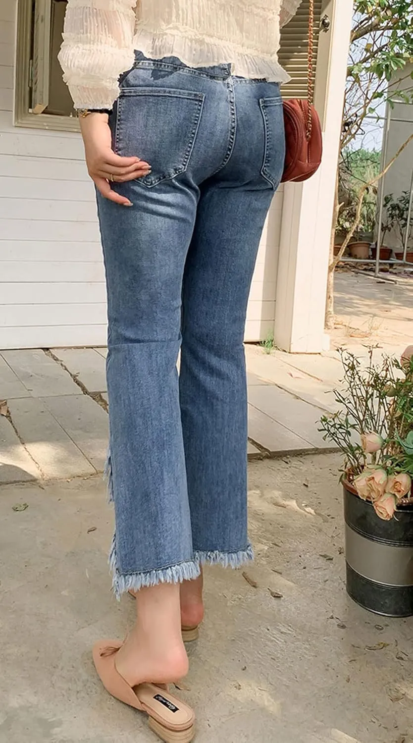 loveimgs Women Western Ripped Cropped Jeans Capris Denim Distressed Pants Stretch Crop Fringe Flare Jeans
