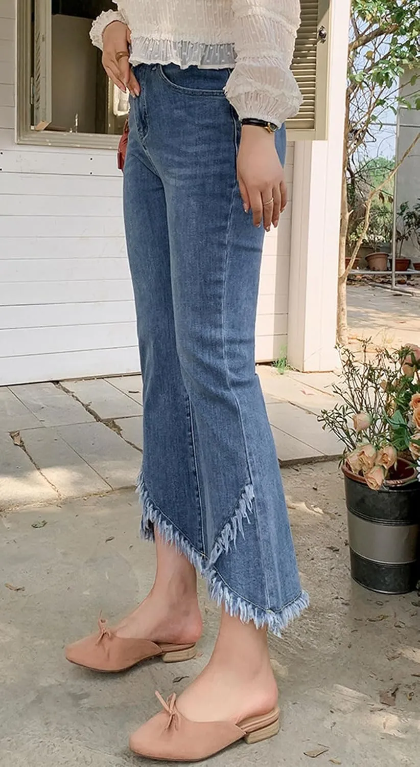 loveimgs Women Western Ripped Cropped Jeans Capris Denim Distressed Pants Stretch Crop Fringe Flare Jeans