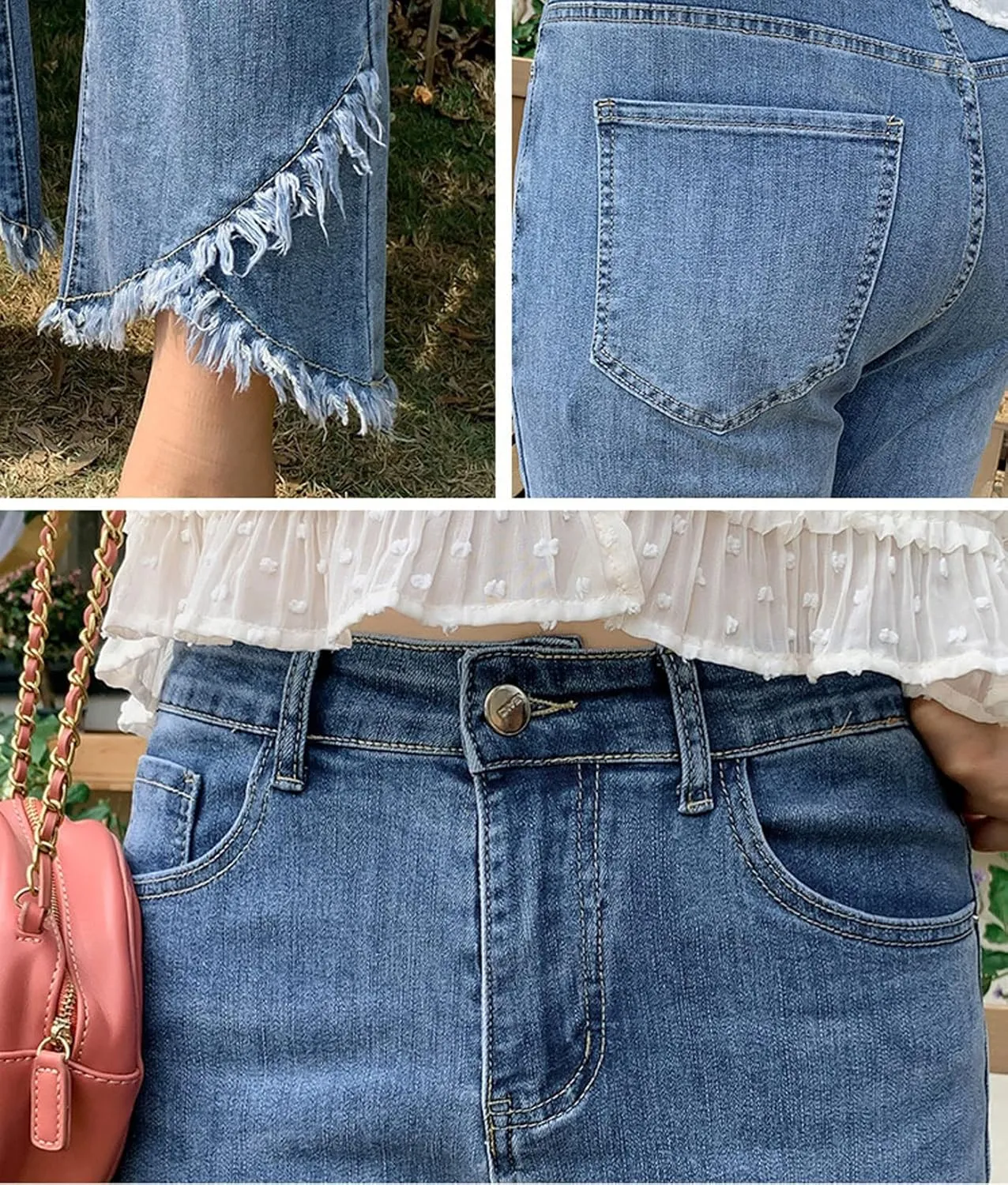 loveimgs Women Western Ripped Cropped Jeans Capris Denim Distressed Pants Stretch Crop Fringe Flare Jeans