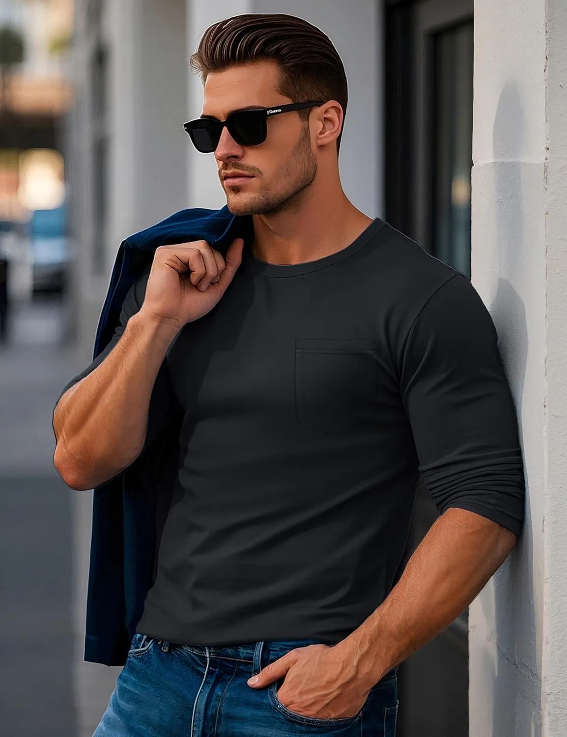 MAGCOMSEN Men's Long Sleeve Shirt with Pocket Cotton Crew Neck Shirts Casual Lightweight T-Shirt