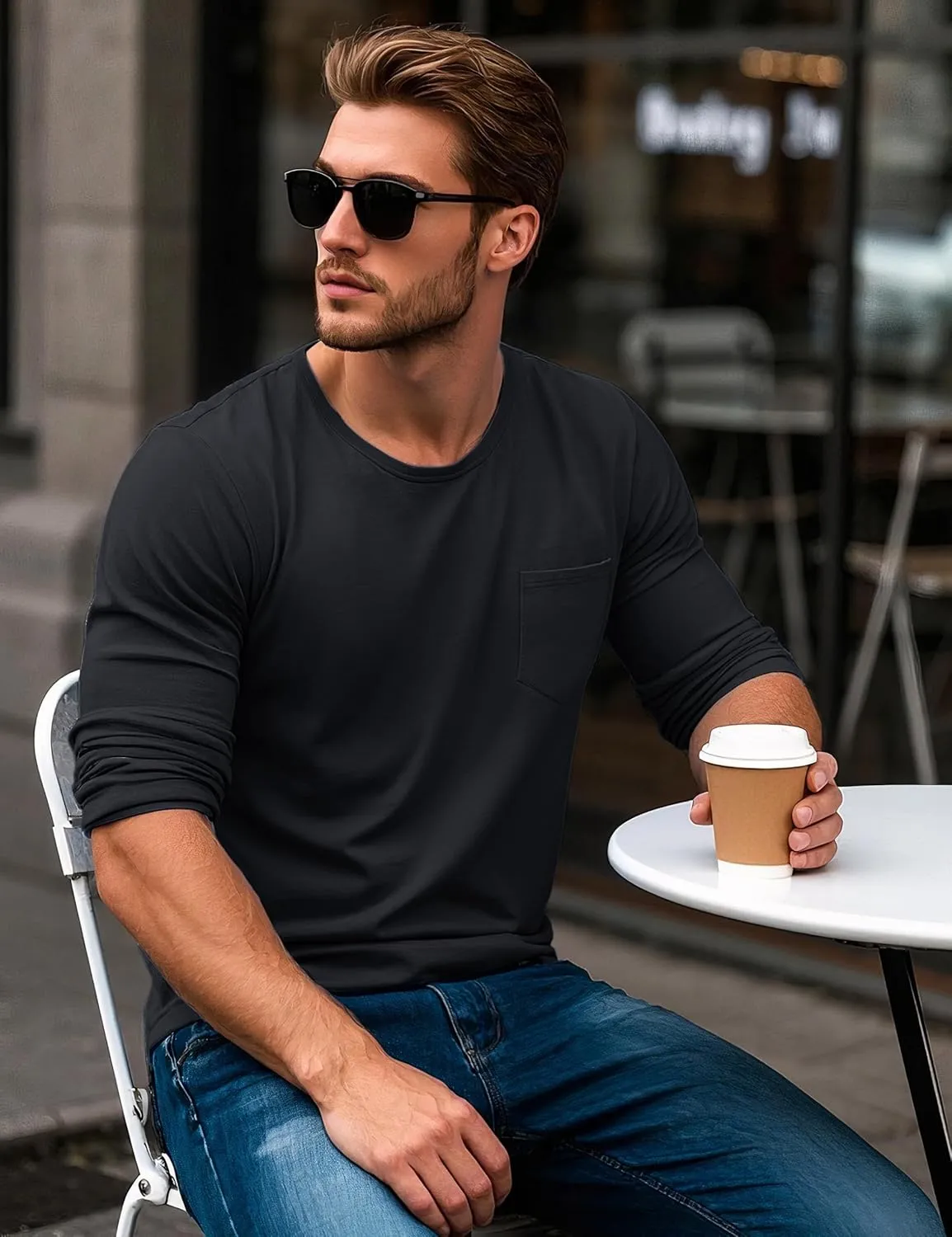 MAGCOMSEN Men's Long Sleeve Shirt with Pocket Cotton Crew Neck Shirts Casual Lightweight T-Shirt