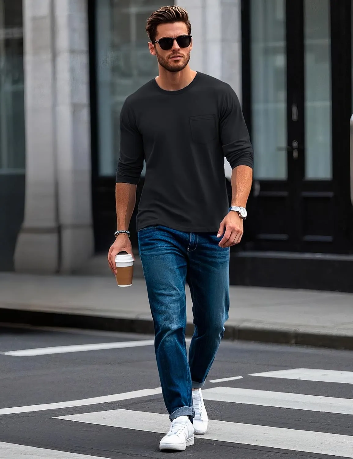 MAGCOMSEN Men's Long Sleeve Shirt with Pocket Cotton Crew Neck Shirts Casual Lightweight T-Shirt