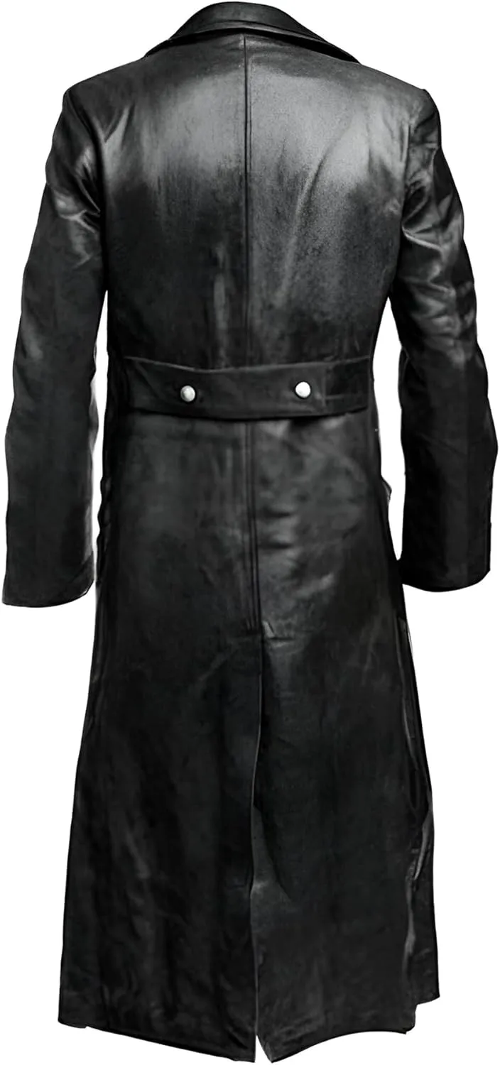 Men Genuine Leather Trench Coat | German WW2 Military Uniform Black Full-Length Leather Overcoat