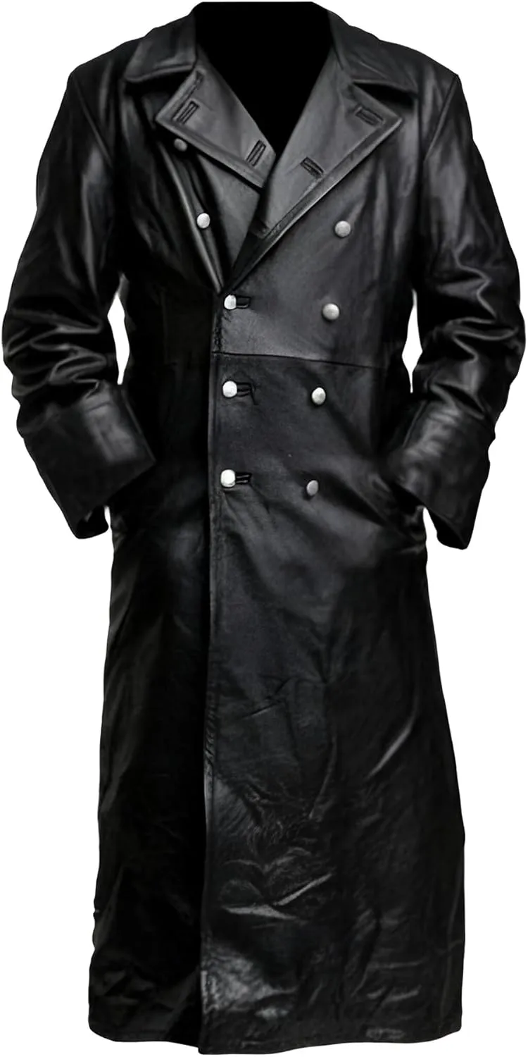 Men Genuine Leather Trench Coat | German WW2 Military Uniform Black Full-Length Leather Overcoat