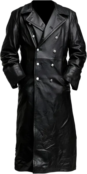 Men Genuine Leather Trench Coat | German WW2 Military Uniform Black Full-Length Leather Overcoat