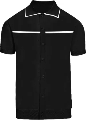 Men's Black Knitted Polo Shirt, 1960s Mod Style Retro Casual Poloshirt Summer Short Sleeve with Button