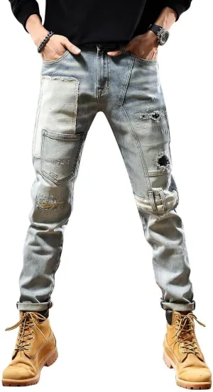 Mens Jeans Vintage Wash Grey Contrast Patch Fashion Casual Slim Fit Stretch Jeans.