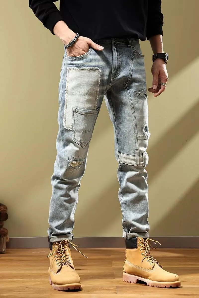 Mens Jeans Vintage Wash Grey Contrast Patch Fashion Casual Slim Fit Stretch Jeans.