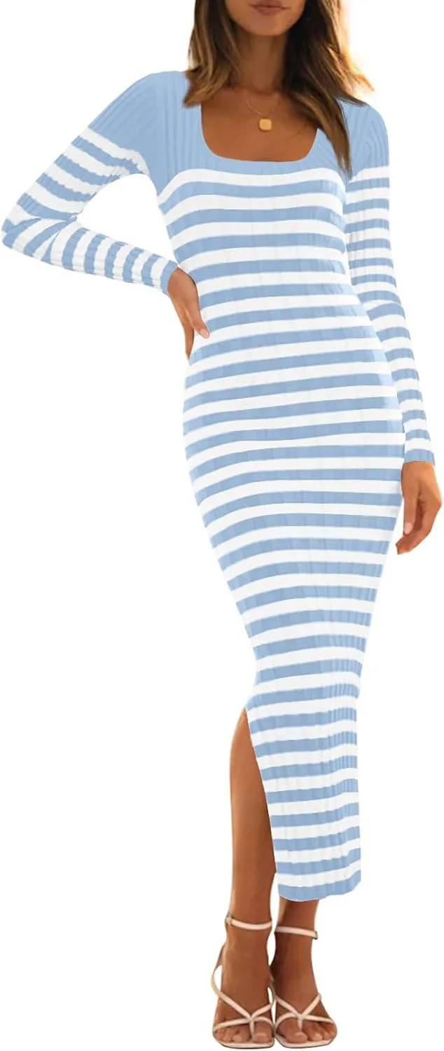 MEROKEETY Women's Fall Long Sleeve Striped Sweater Dress Bodycon Square Neck Ribbed Knit Slit Midi Dresses