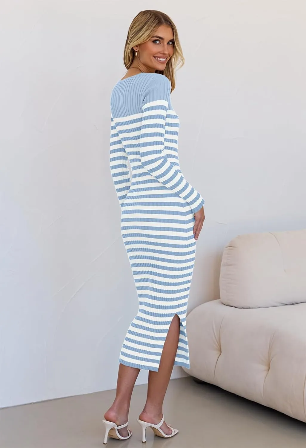 MEROKEETY Women's Fall Long Sleeve Striped Sweater Dress Bodycon Square Neck Ribbed Knit Slit Midi Dresses