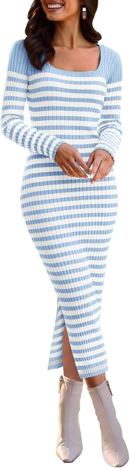 MEROKEETY Women's Fall Long Sleeve Striped Sweater Dress Bodycon Square Neck Ribbed Knit Slit Midi Dresses