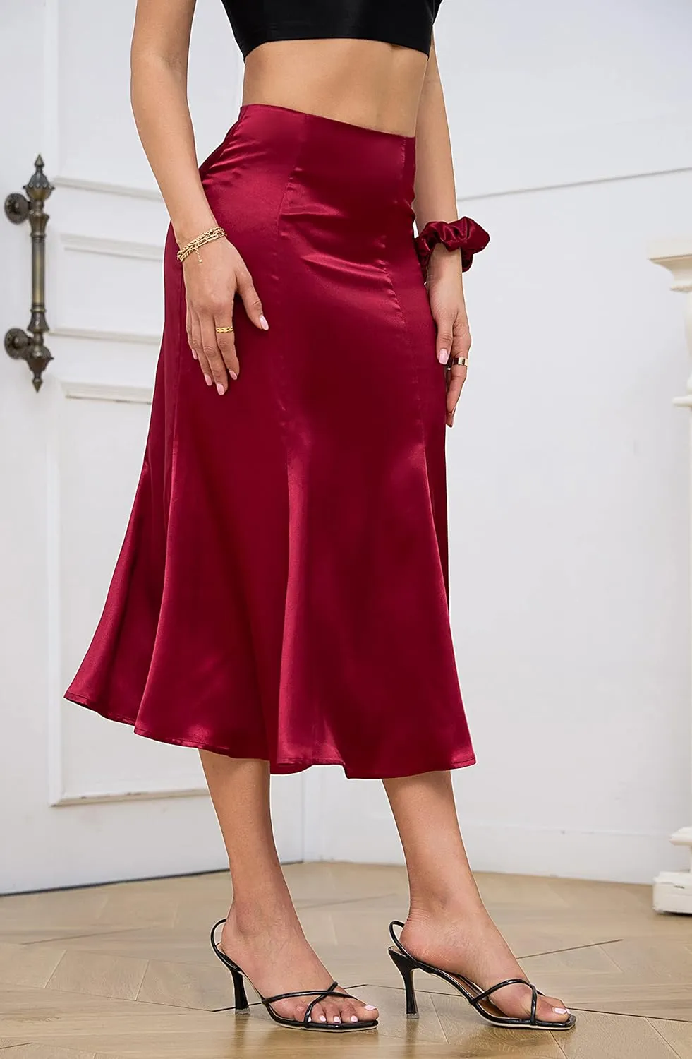 Mist Azur Womens Satin Midi Skirt High Waisted A Line Silky Flared Bodycon Skirt MA213