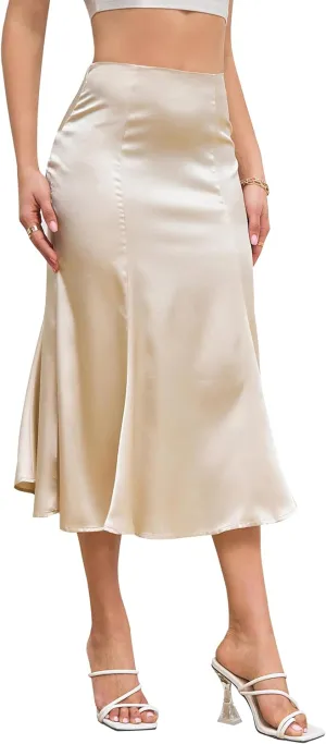 Mist Azur Womens Satin Midi Skirt High Waisted A Line Silky Flared Bodycon Skirt MA213