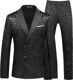 MOGU Mens 2 Piece Double Breasted Suit Jacquard Slim Fit Formal Groomsmen Wedding Party Black Tuxedo