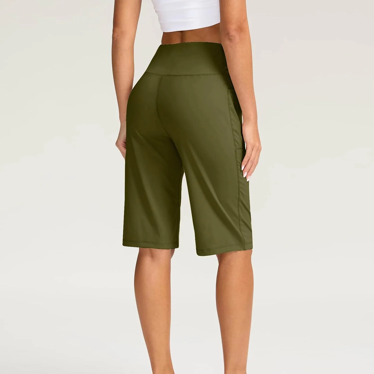NaRHbrg Women's Bermuda Long Shorts with Pockets High Waisted Athletic Knee Length Short for Running Workout Athletic Yoga
