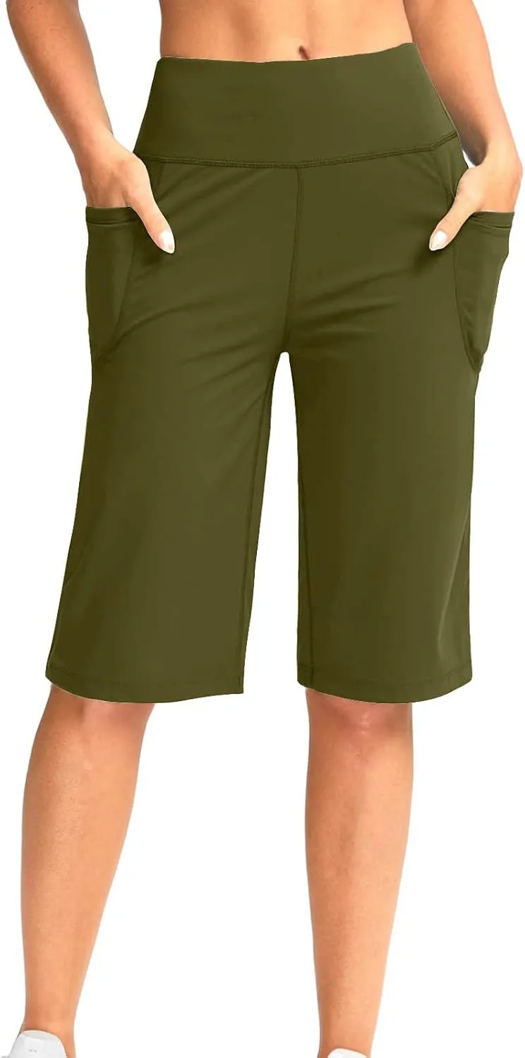 NaRHbrg Women's Bermuda Long Shorts with Pockets High Waisted Athletic Knee Length Short for Running Workout Athletic Yoga