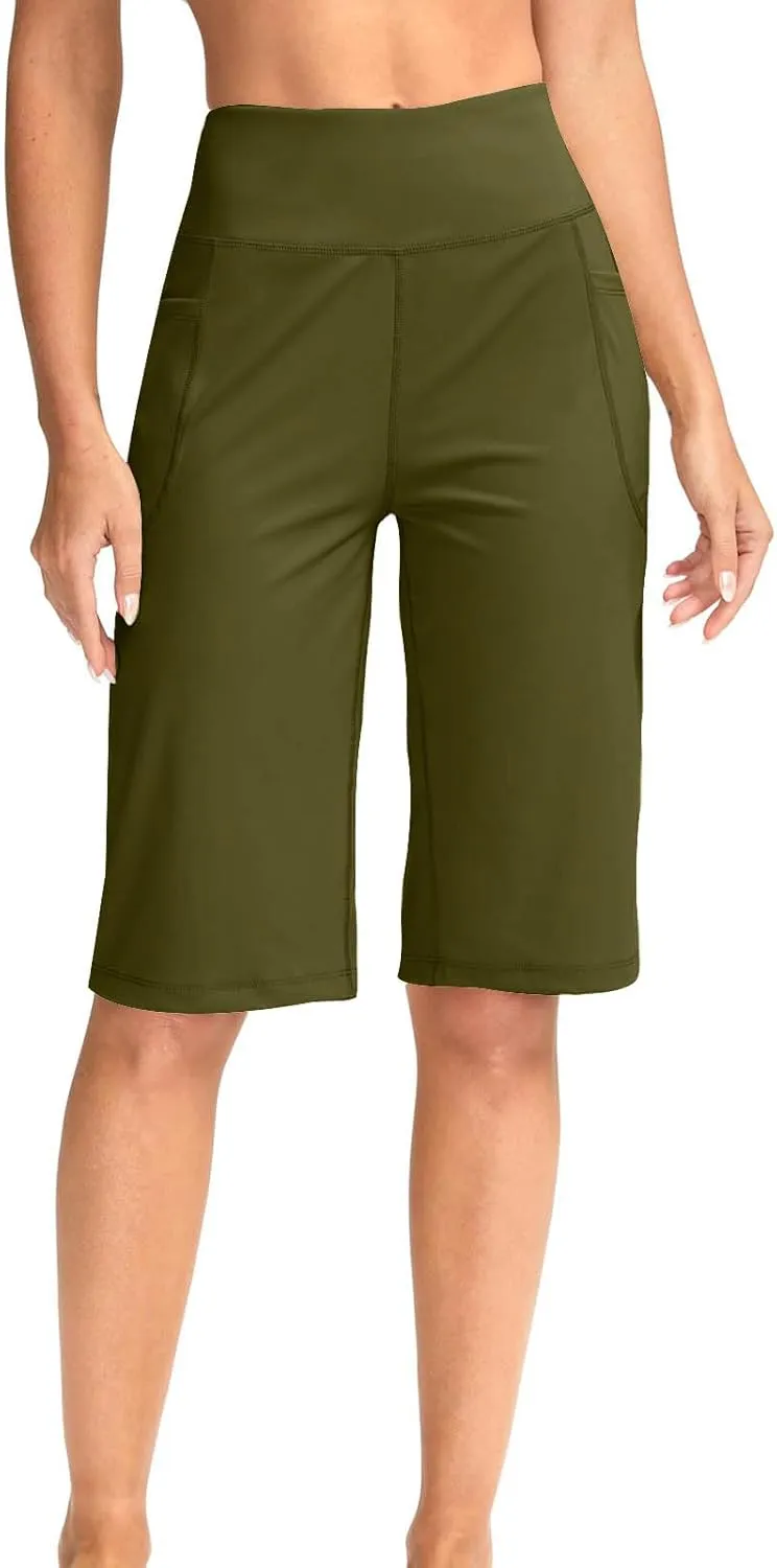NaRHbrg Women's Bermuda Long Shorts with Pockets High Waisted Athletic Knee Length Short for Running Workout Athletic Yoga