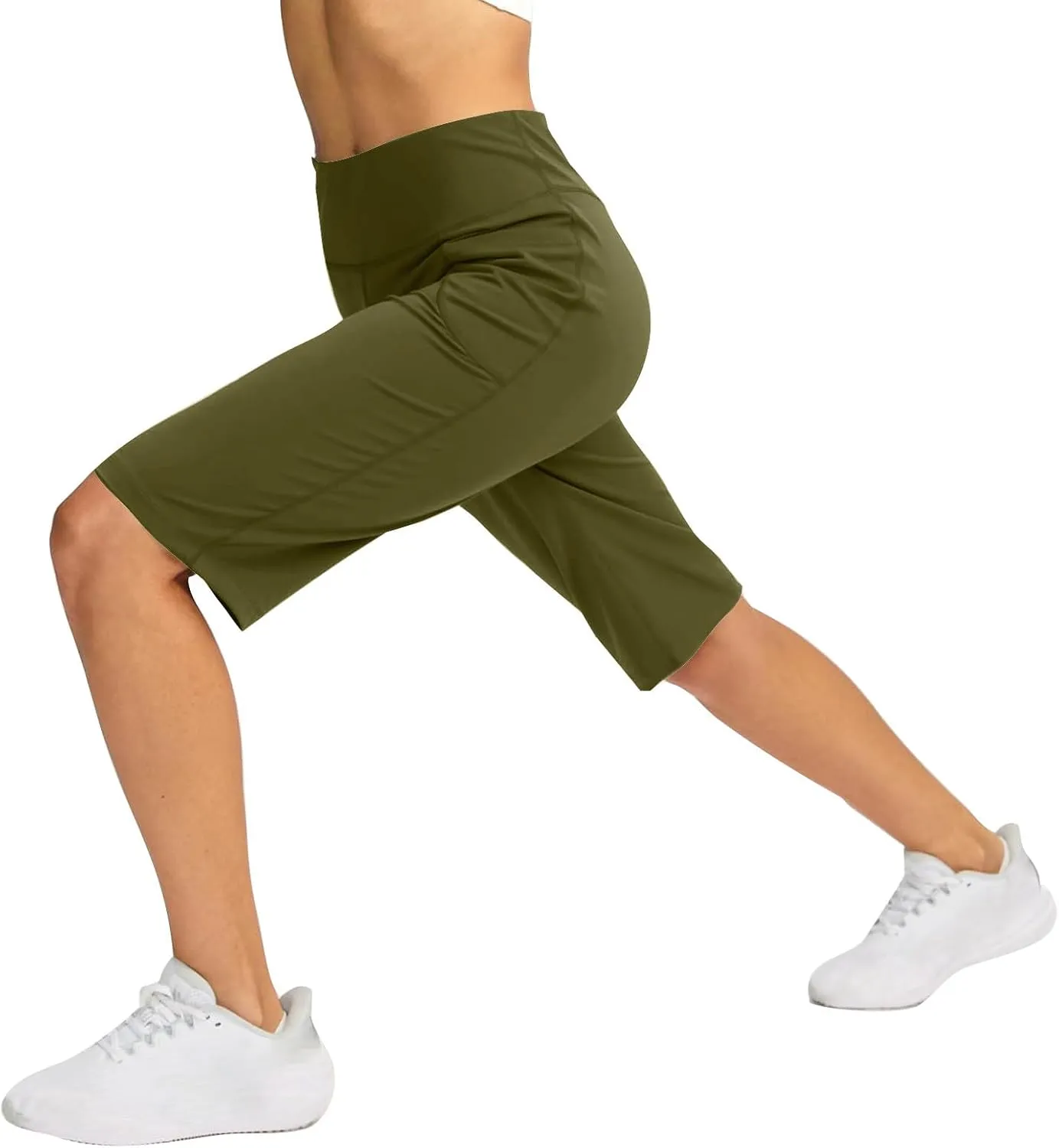 NaRHbrg Women's Bermuda Long Shorts with Pockets High Waisted Athletic Knee Length Short for Running Workout Athletic Yoga