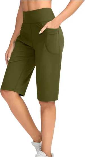 NaRHbrg Women's Bermuda Long Shorts with Pockets High Waisted Athletic Knee Length Short for Running Workout Athletic Yoga