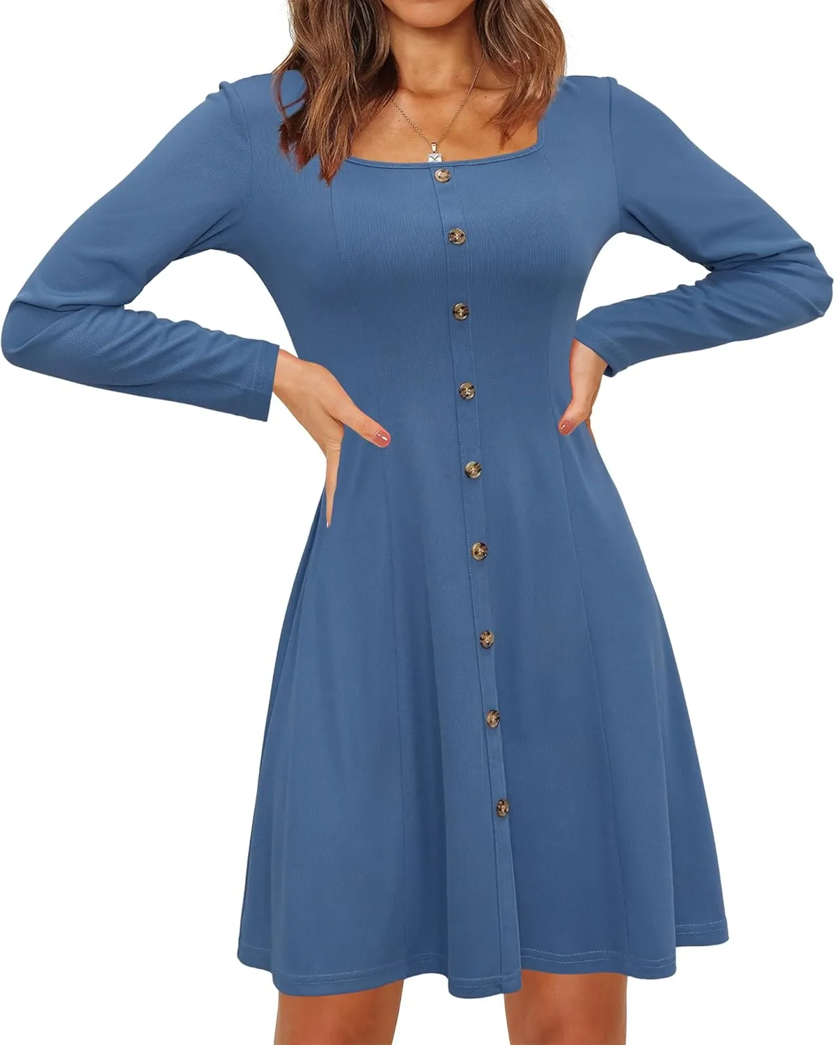 Newshows Women 2024 Fall Dress Long Sleeve Holiday Outfits Square Neck Casual Winter Ribbed Knit Dresses Trendy