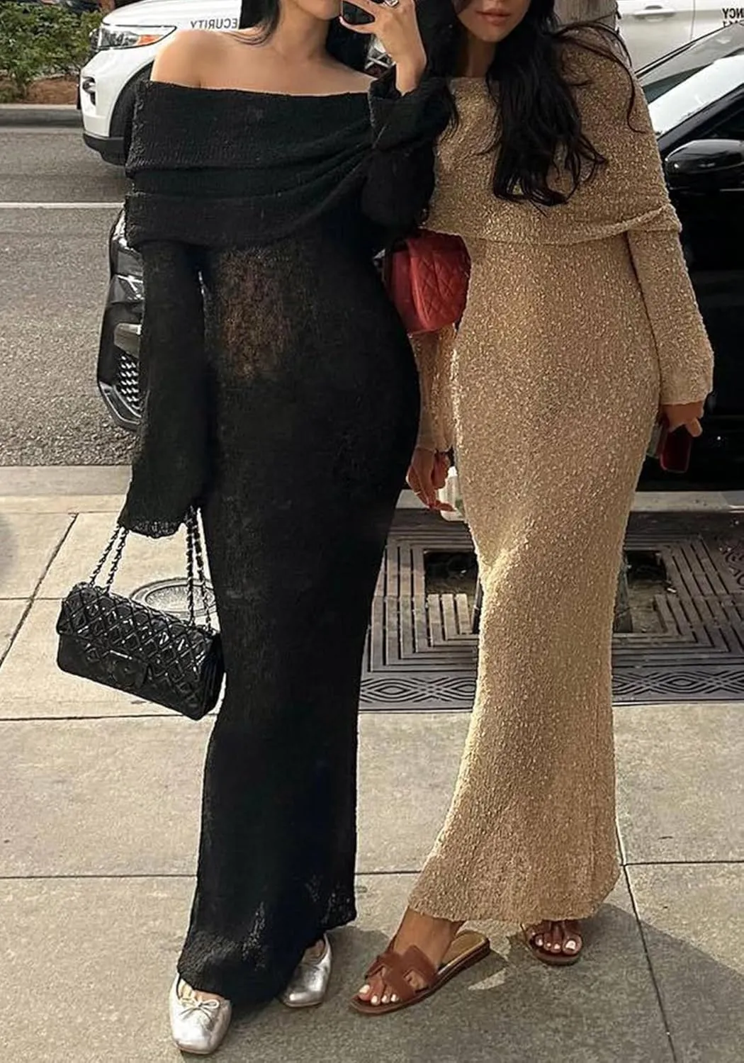 NRTHYE Women's Knit Off Shoulder Crochet Maxi Dress Sexy Mesh Long Sleeve Bodycon Vacation Party Dresses