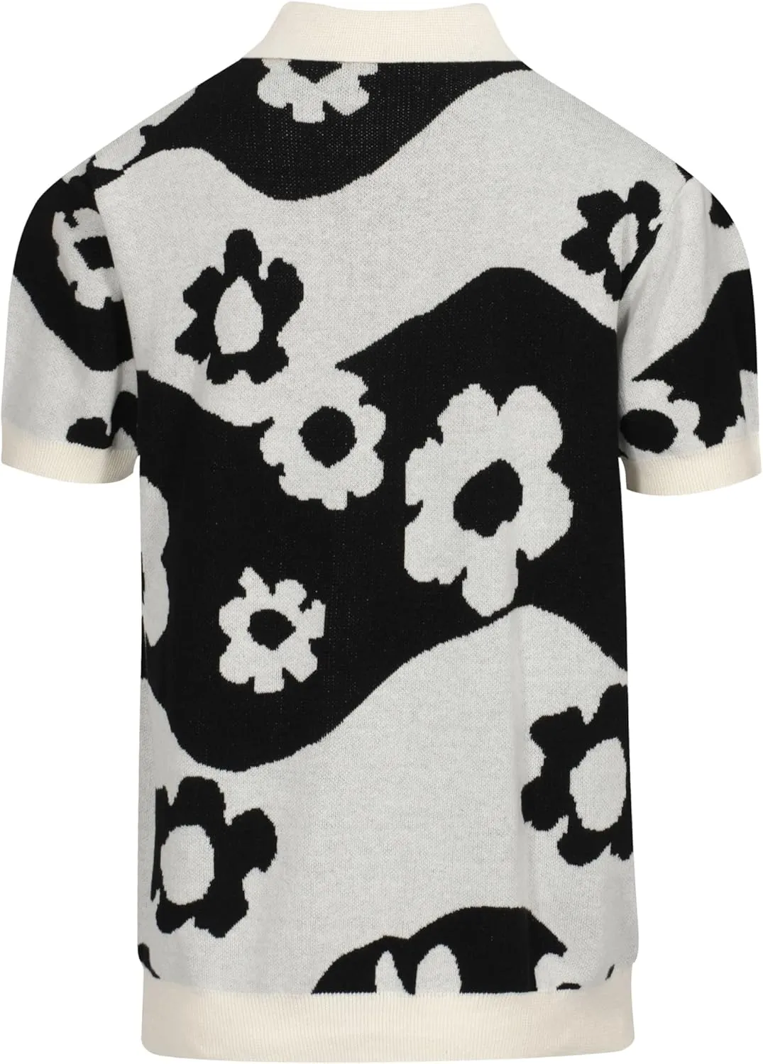 OXKNIT Men's Vintage Knitted Polo Shirt Button Down Black White Polo Short Sleeve Summer Shirt with Flower