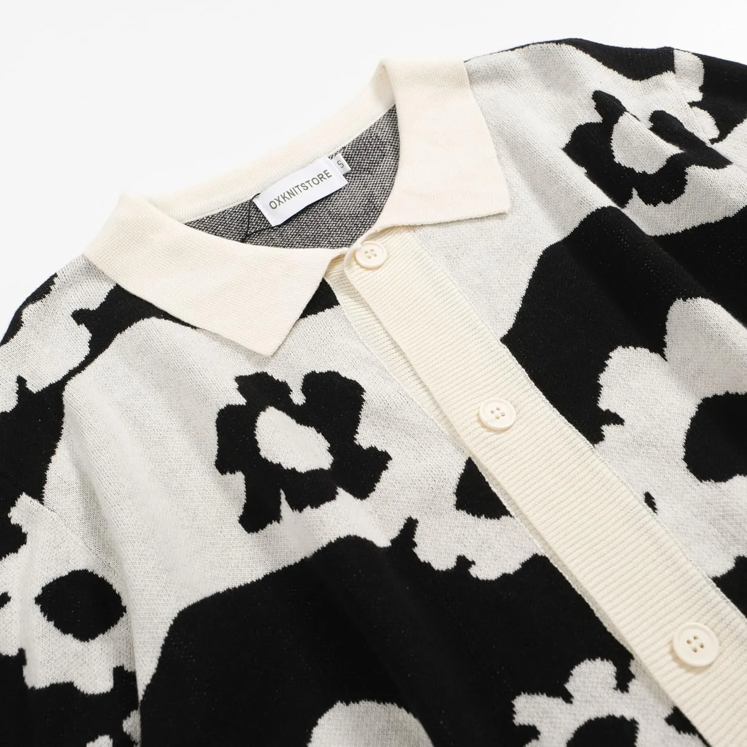 OXKNIT Men's Vintage Knitted Polo Shirt Button Down Black White Polo Short Sleeve Summer Shirt with Flower