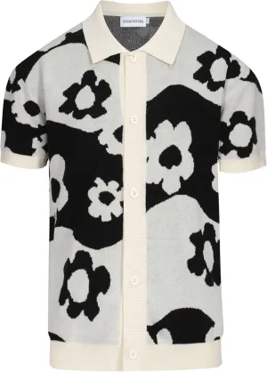 OXKNIT Men's Vintage Knitted Polo Shirt Button Down Black White Polo Short Sleeve Summer Shirt with Flower