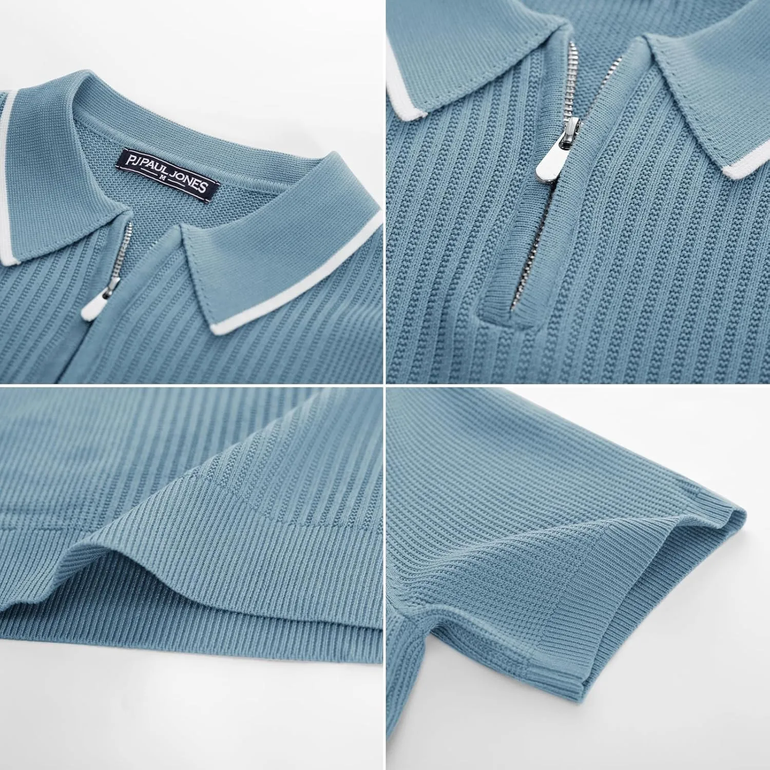 PJ PAUL JONES Men's Quarter Zip Polo Shirts Contrast Collar Knit Polo Shirt Short Sleeve Polos