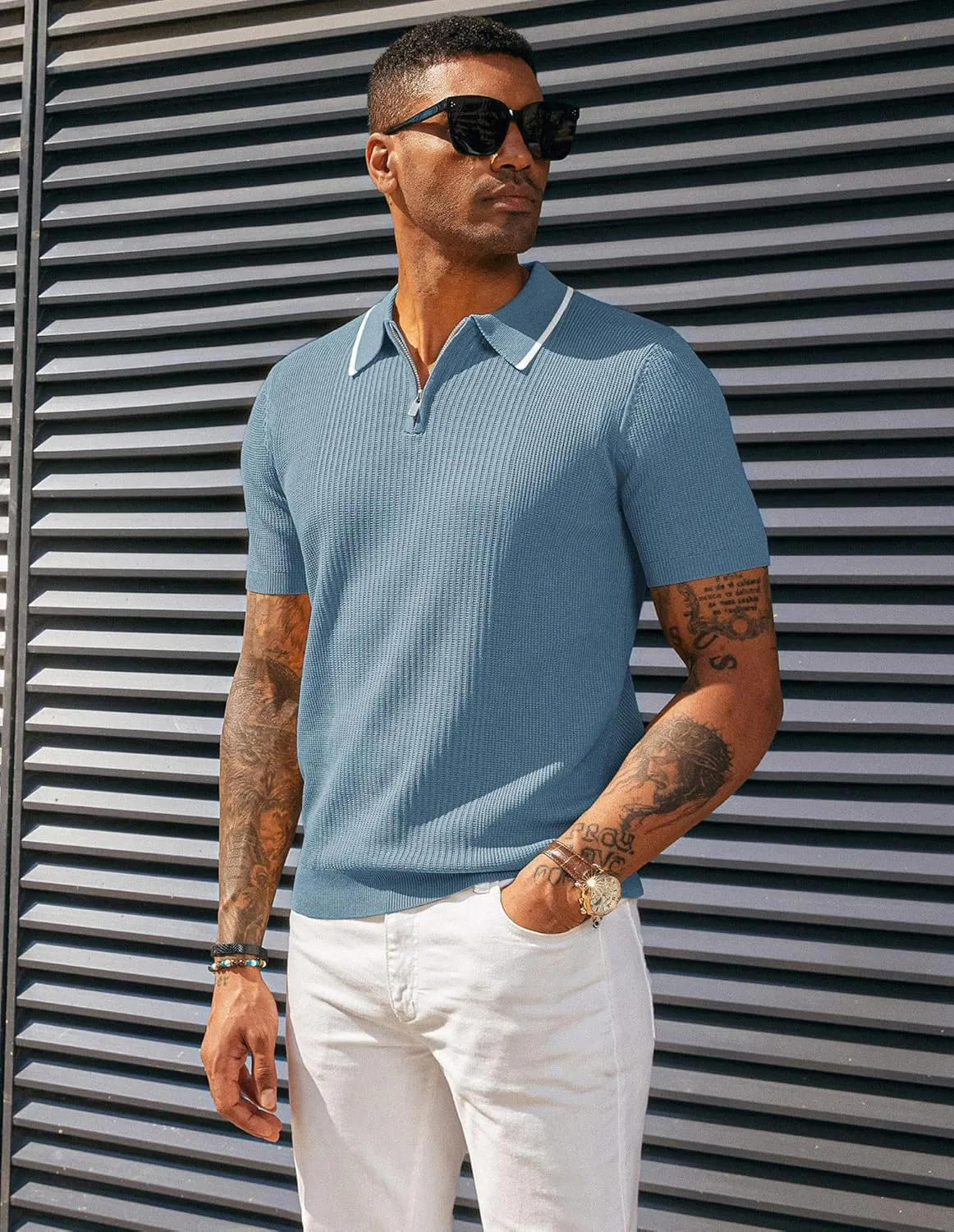PJ PAUL JONES Men's Quarter Zip Polo Shirts Contrast Collar Knit Polo Shirt Short Sleeve Polos