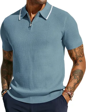 PJ PAUL JONES Men's Quarter Zip Polo Shirts Contrast Collar Knit Polo Shirt Short Sleeve Polos